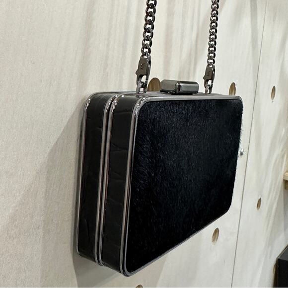 MICHAEL KORS Elsie Calf Hair Box Clutch Removable Crossbody Chain Black - Picture 7 of 11